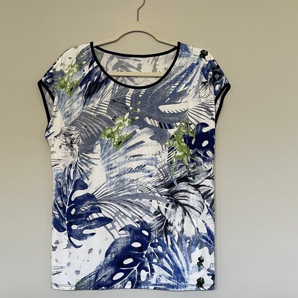 Flowy Summer Lightweight Round Neck Short Sleeve Top Blue Leaves XL - Picture 1 of 4